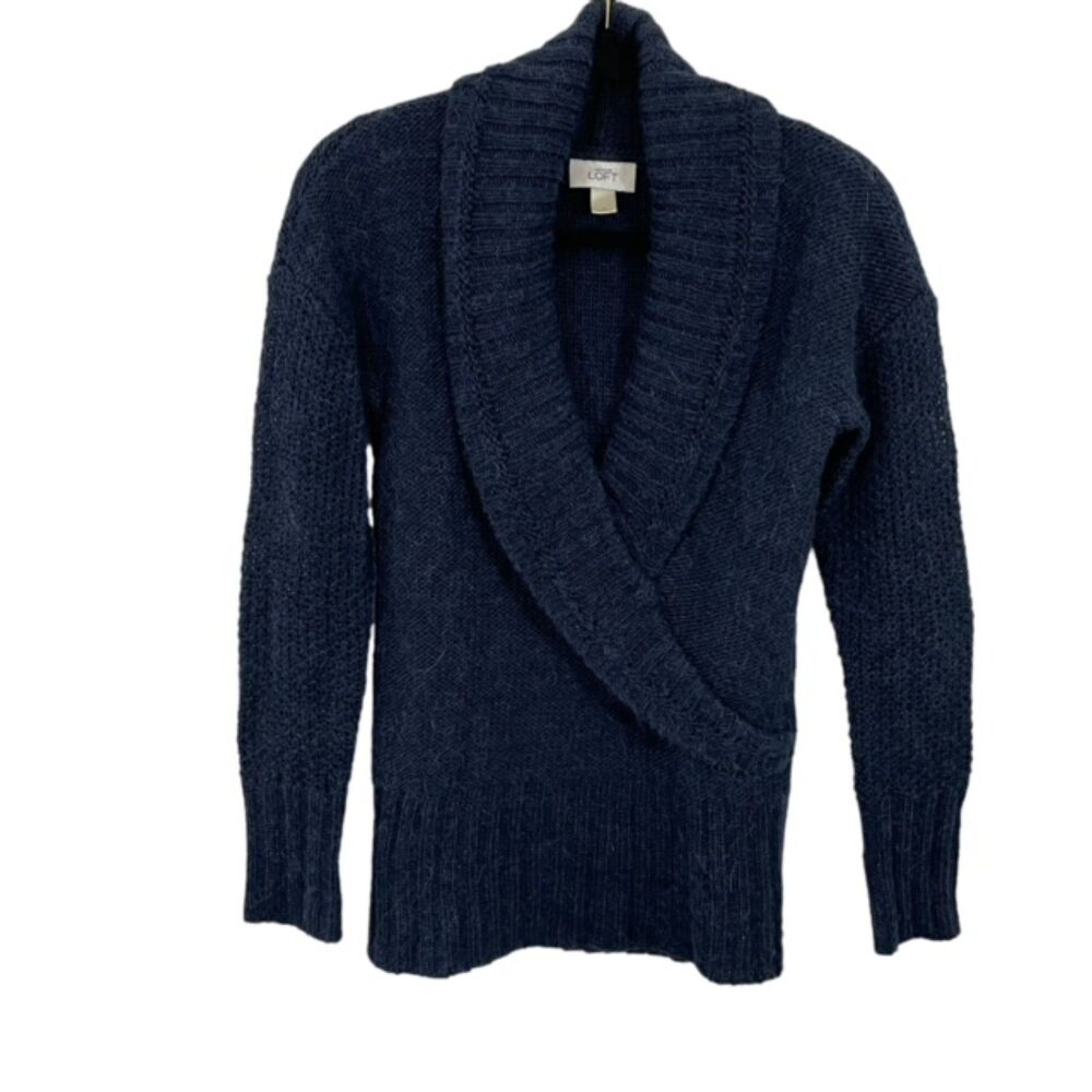 Ann Taylor‎ LOFT Alpaca Wool Blend Knit Black Shawl Collar Sweater Size Small
